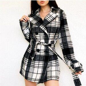 Jou Jou Plaid Winter Trench Double Breasted Belted Coat M
